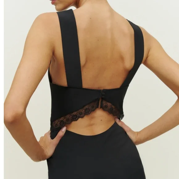 Reformation Provence Silk Midi Dress - Black Noir Lace Trim Soft Cocktail Party - Picture 10 of 12